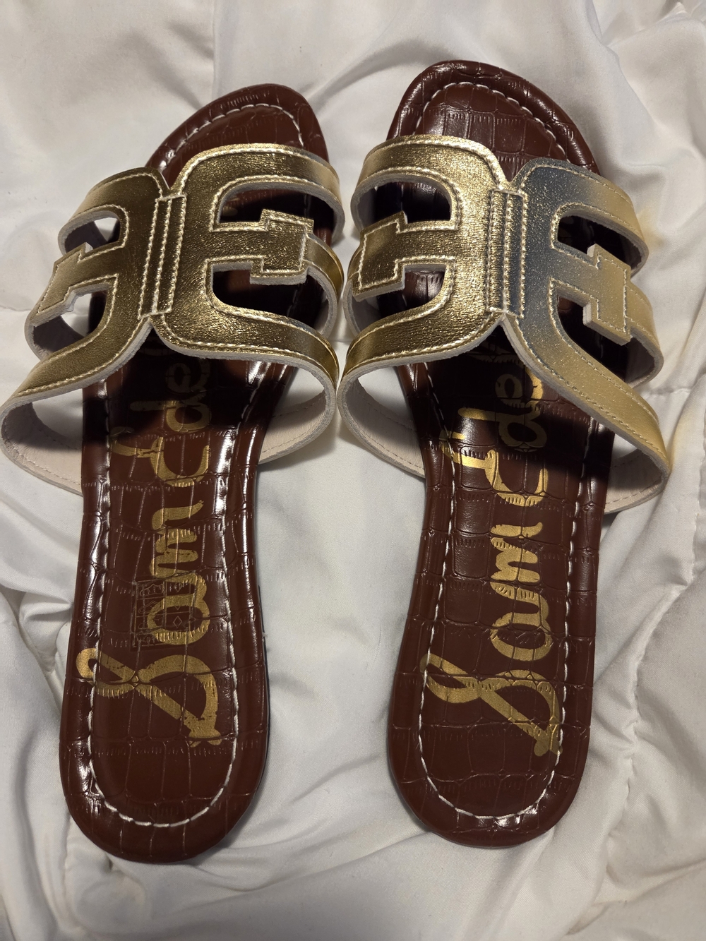 Sam Edelman Metallic Gold Cutout Slide Sandals with Brown Footbed - Picture 2 of 4